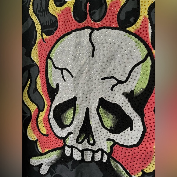 Ed Hardy Tee XL Flame Skull Y2K Rhinestone Double-Sided Black T- Shirt - Picture 2 of 10